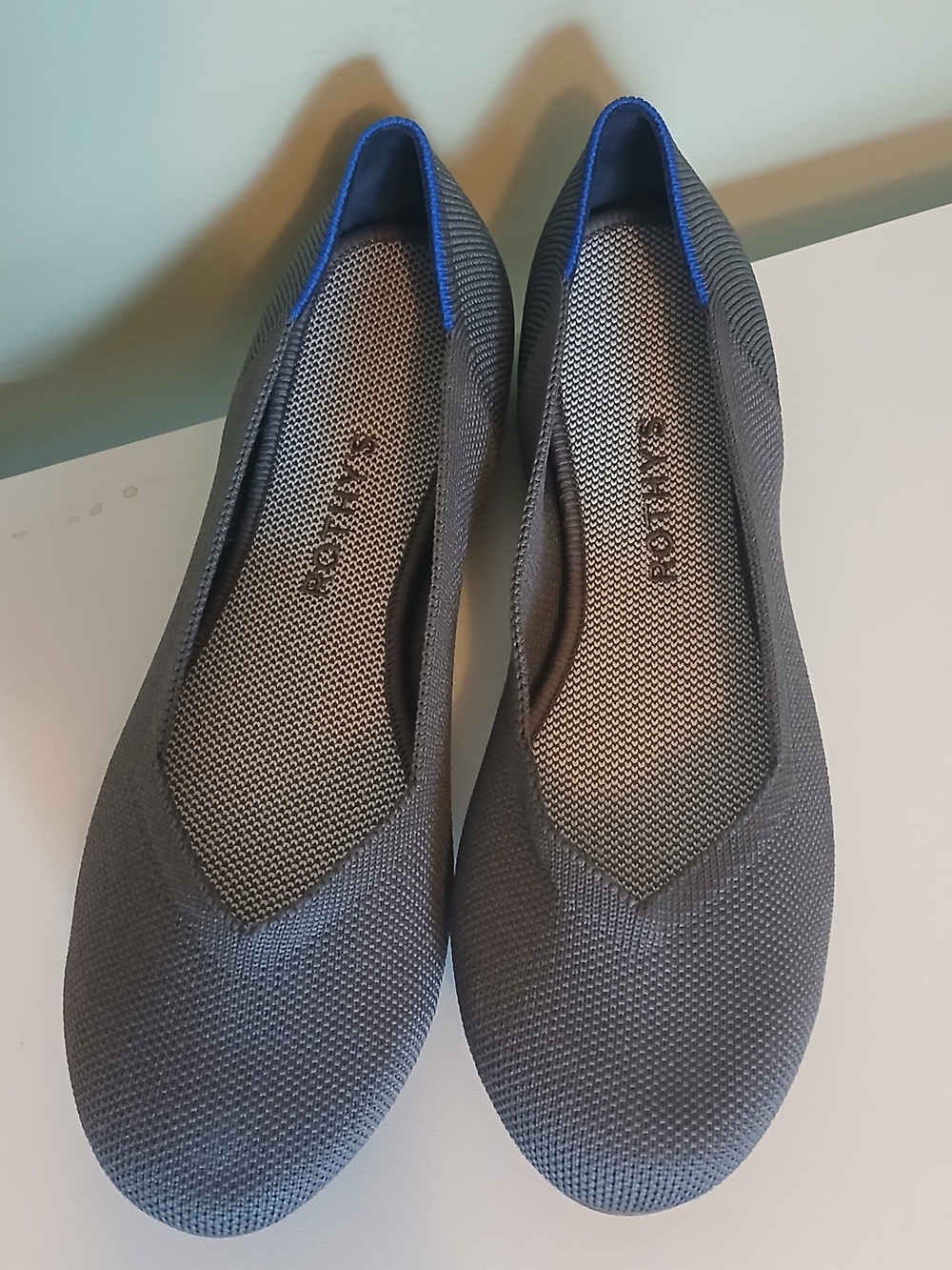Rothy's Gray Knit Ballet Flats with Blue Trim